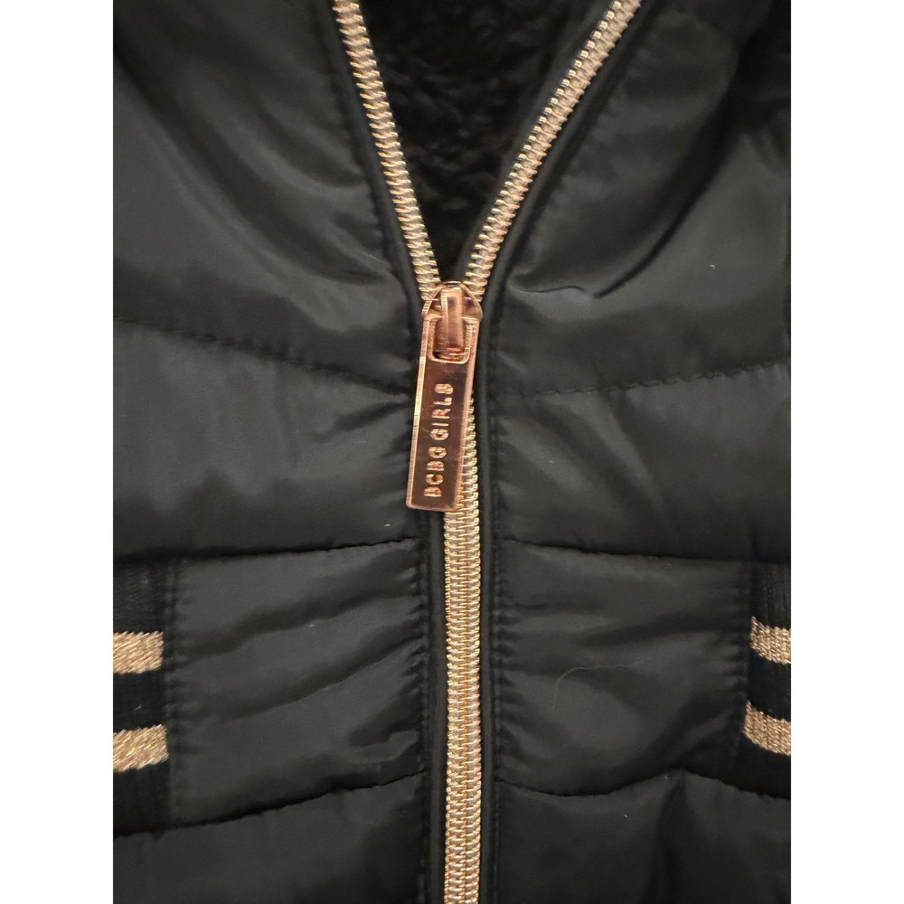 BCBG Girls Black Quilted Puffer Jacket Faux Fur Hood Rose Gold Size S Coat - Picture 5 of 9